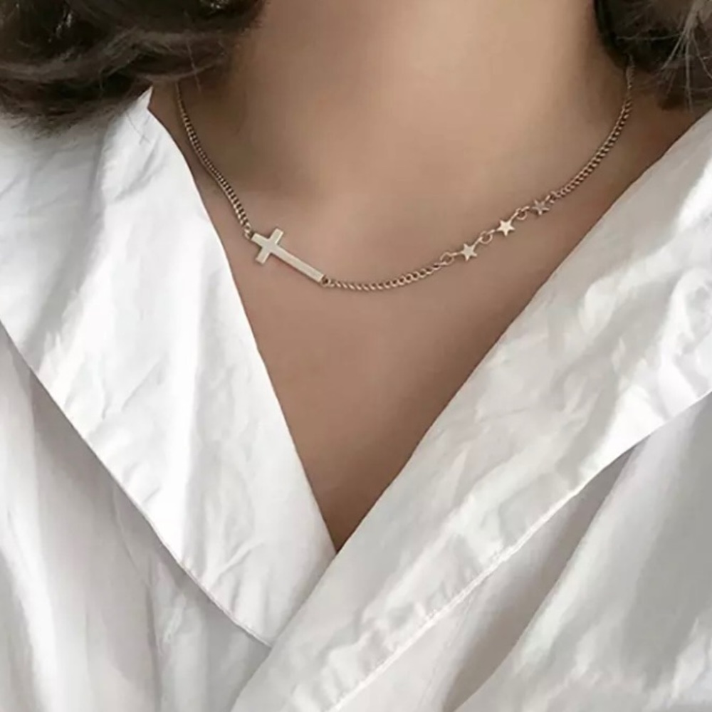 NEW 925 Sterling Silver Triple Stars Cross Chain Necklace